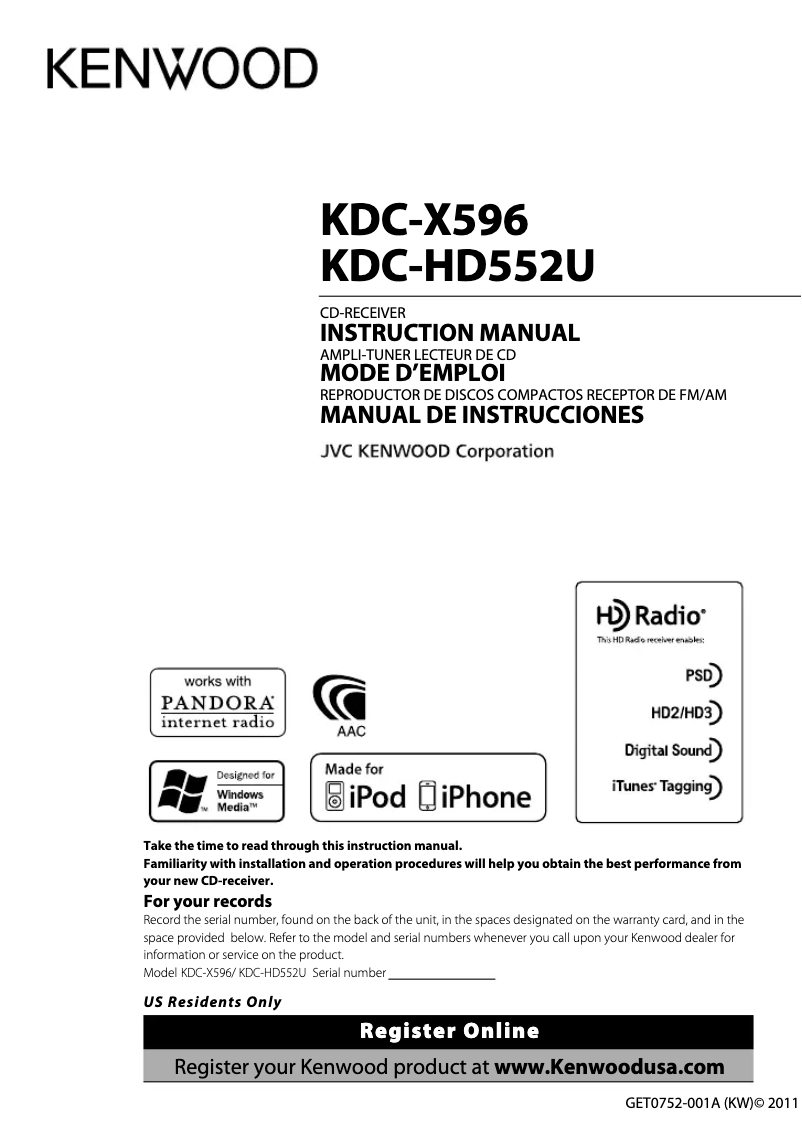 Page 1 de la notice Manuel utilisateur Kenwood KDC-HD552U