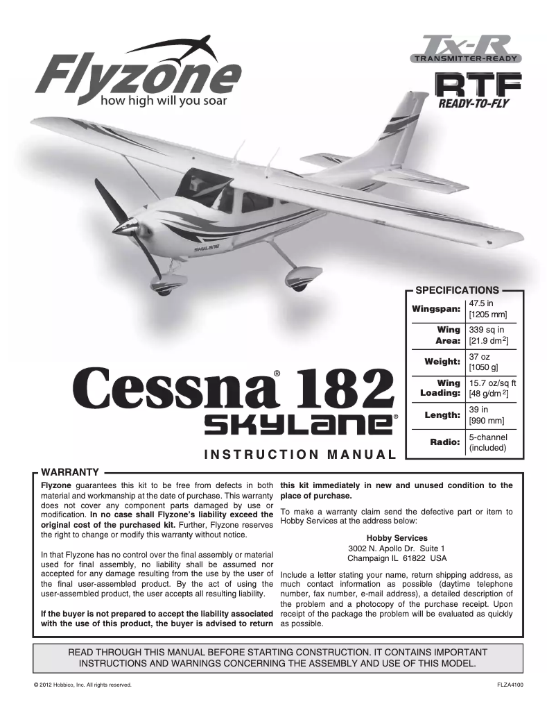 Page 1 de la notice Manuel utilisateur Flyzone Cessna 182 Skylane