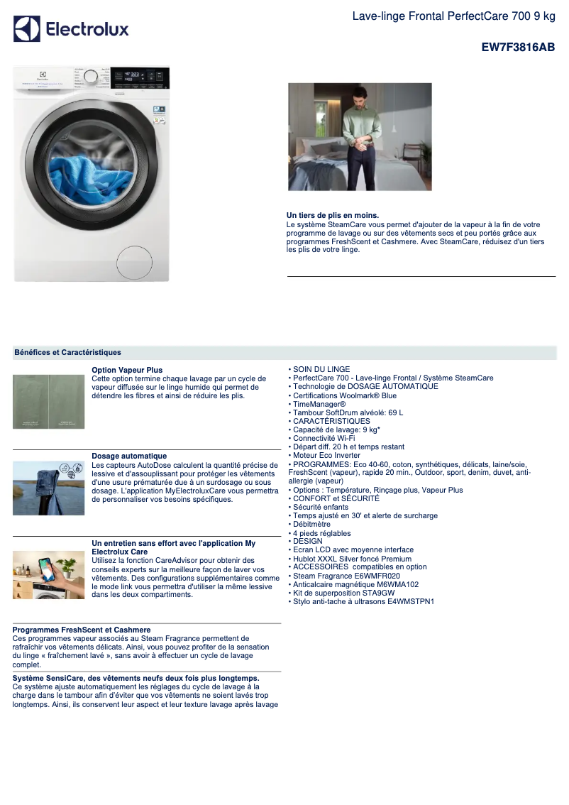 Page 1 de la notice Fiche technique Electrolux EW7F3816AB