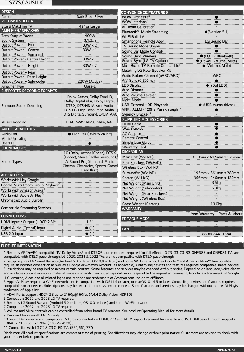 Page 1 de la notice Fiche technique LG S77S
