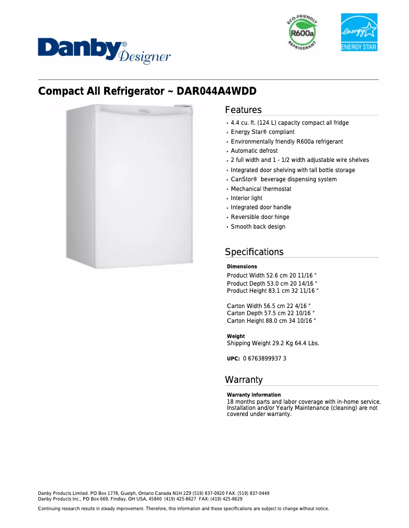 Page 1 de la notice Fiche technique Danby DAR044A4WDD