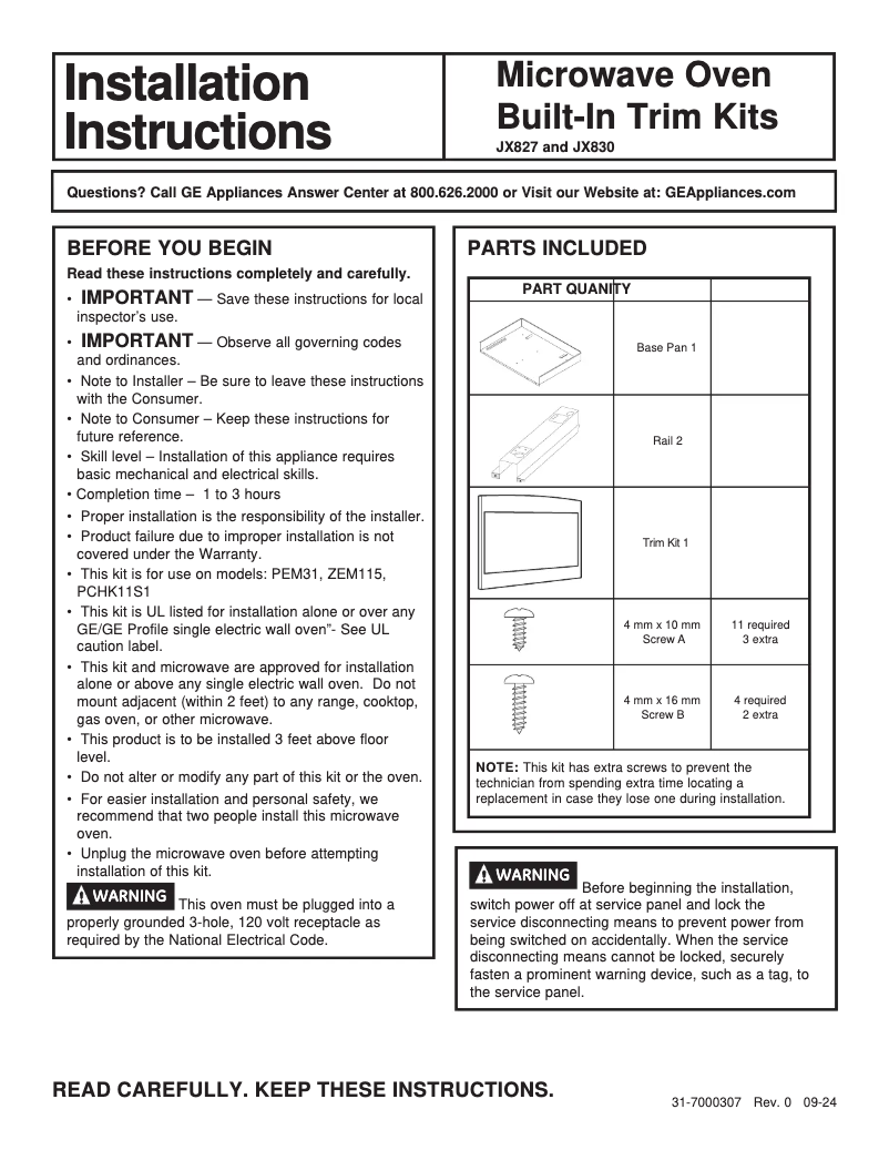 Page n°1 - Manuel utilisateur GE JX830BMTS