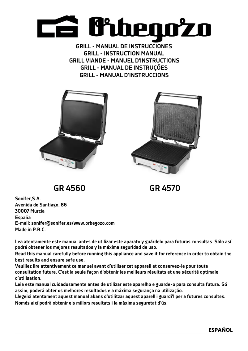 Page 1 de la notice Manuel utilisateur Orbegozo GR 4570