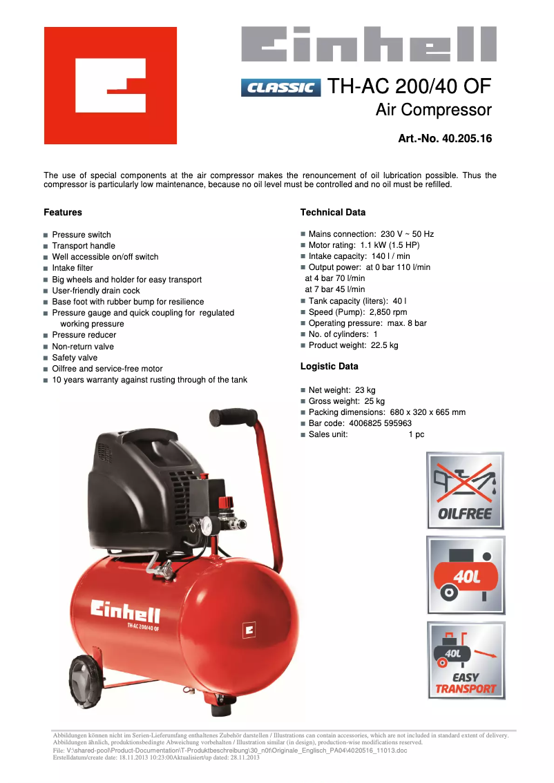 Page 1 de la notice Fiche technique Einhell TH-AC 200/40 OF