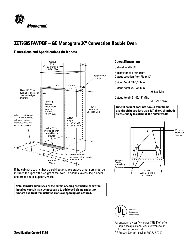 Page 1 de la notice Fiche technique GE ZET958BFBB