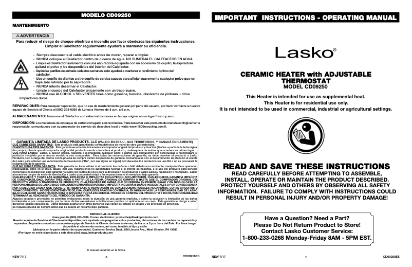 Page n°1 - Manuel utilisateur Lasko Ceramic CD09250