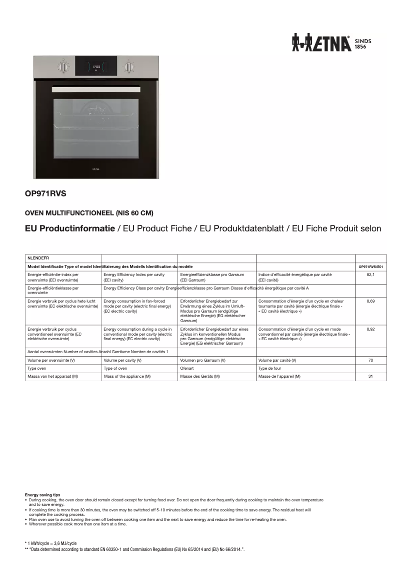 Page n°1 - Fiche technique Etna OP971RVS