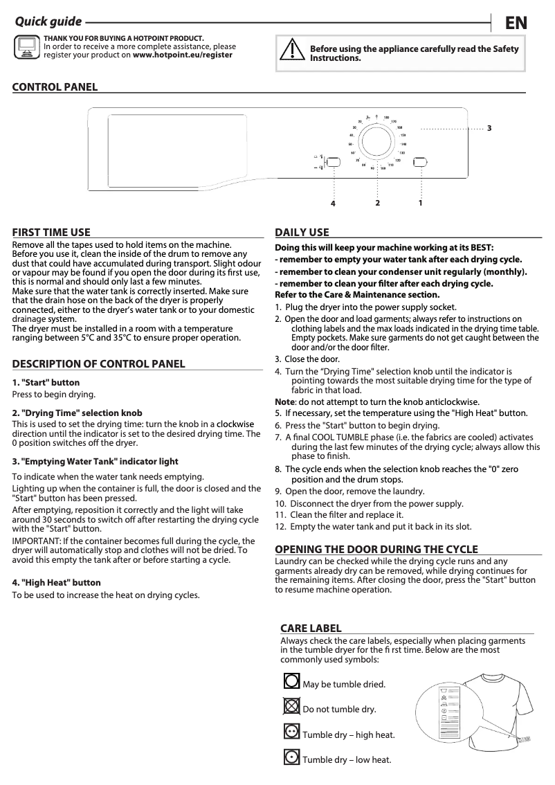 Page 1 de la notice Manuel utilisateur Hotpoint H2 D71W UK