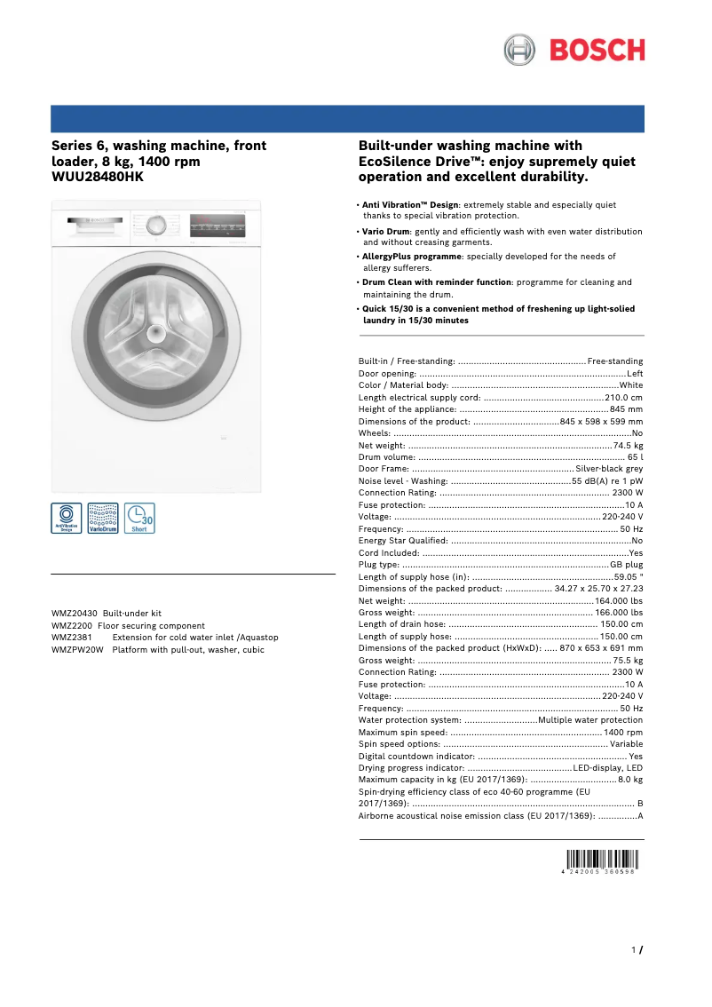 Page 1 de la notice Fiche technique Bosch WUU28480HK