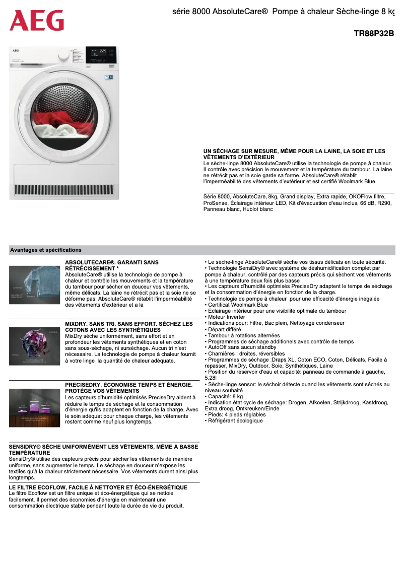 Página 1 del manual Ficha técnica AEG TR88P32B