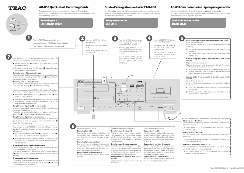 Page 1 de la notice Guide de démarrage rapide Teac AD-850