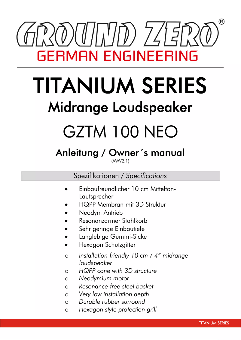 Page 1 de la notice Manuel utilisateur Ground Zero GZTM 100NEO