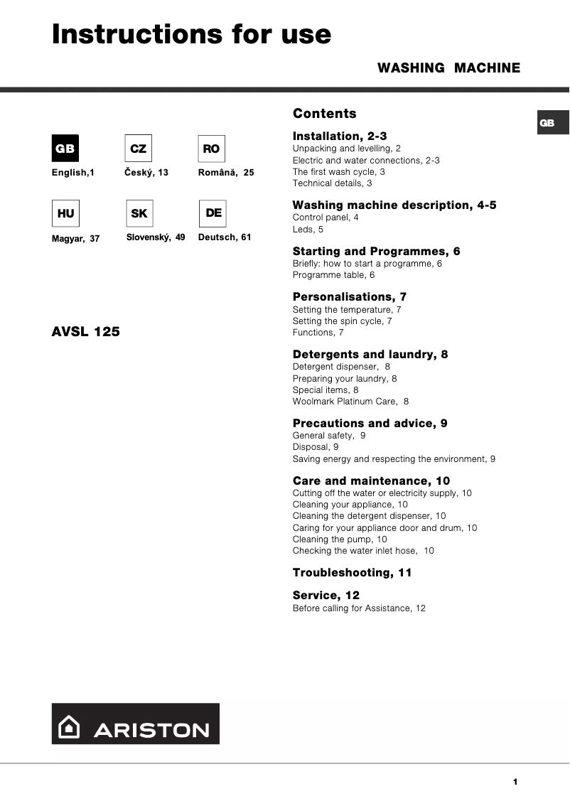Page n°1 - Manuel utilisateur Ariston Thermo AVSL125