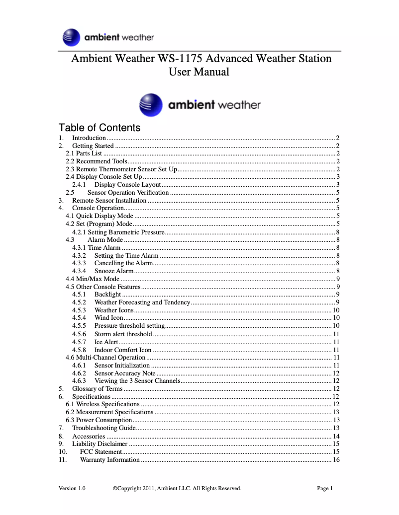Image de la première page du manuel de l'appareil WS-1175