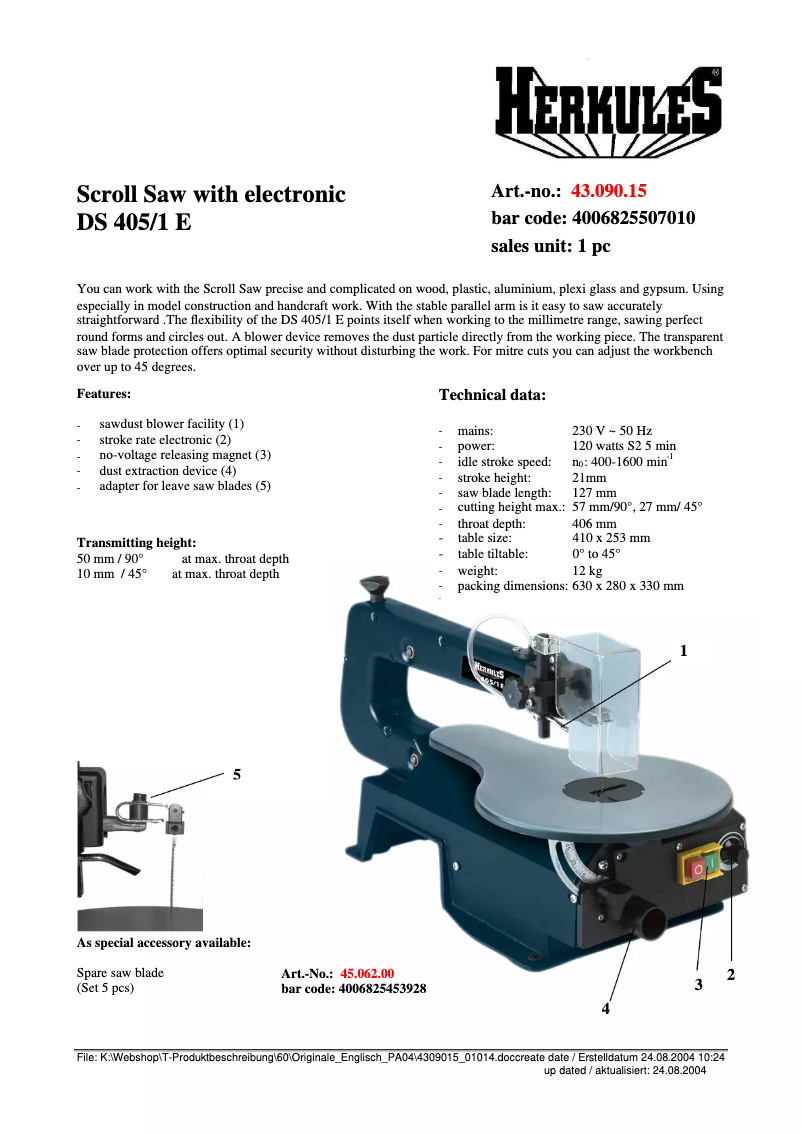 Página 1 del manual Ficha técnica Herkules DS 405/1 E
