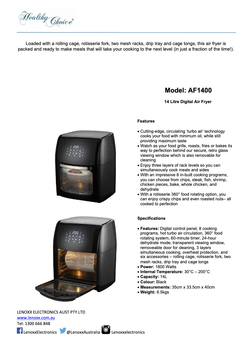 Page n°1 - Fiche technique Lenoxx Healthy Choice AF1400