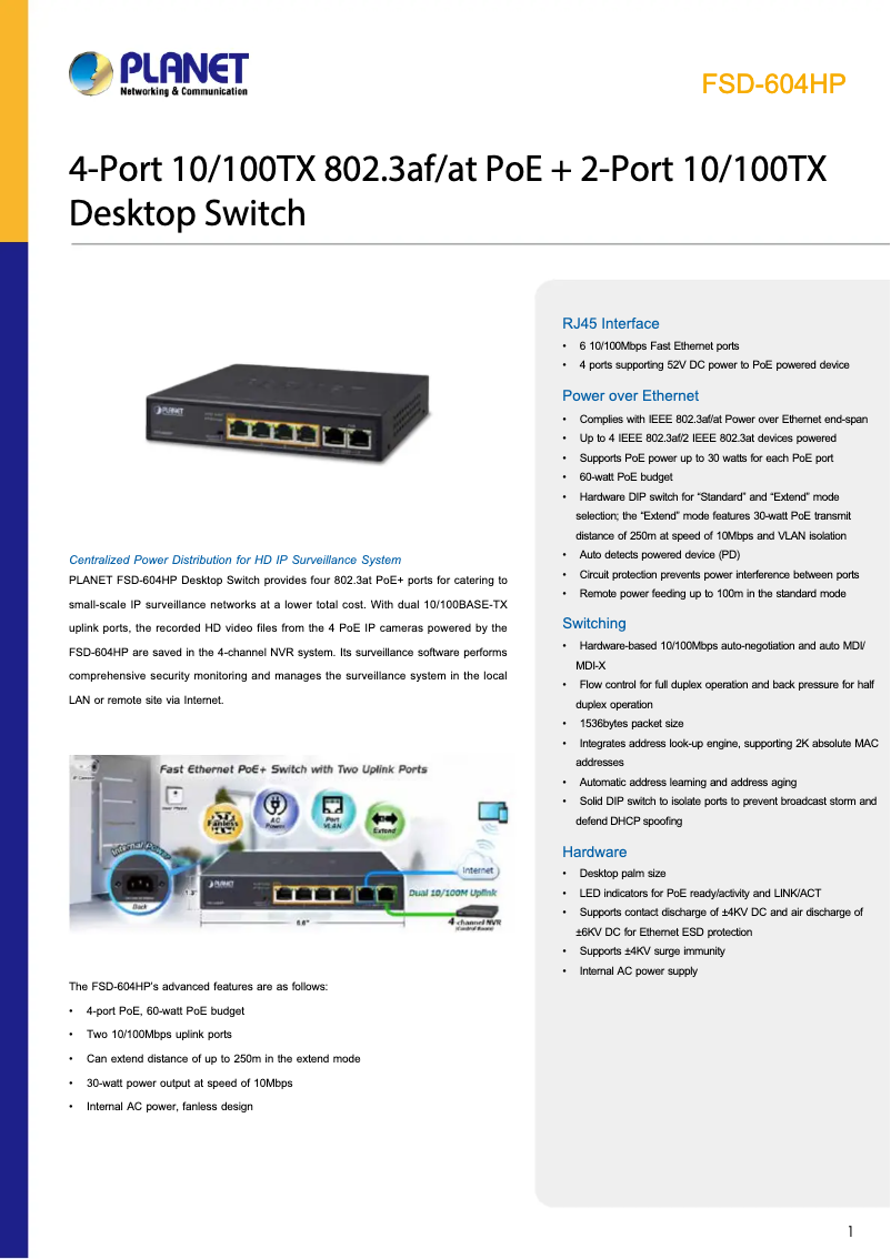 Page n°1 - Fiche technique Planet FSD-604HP