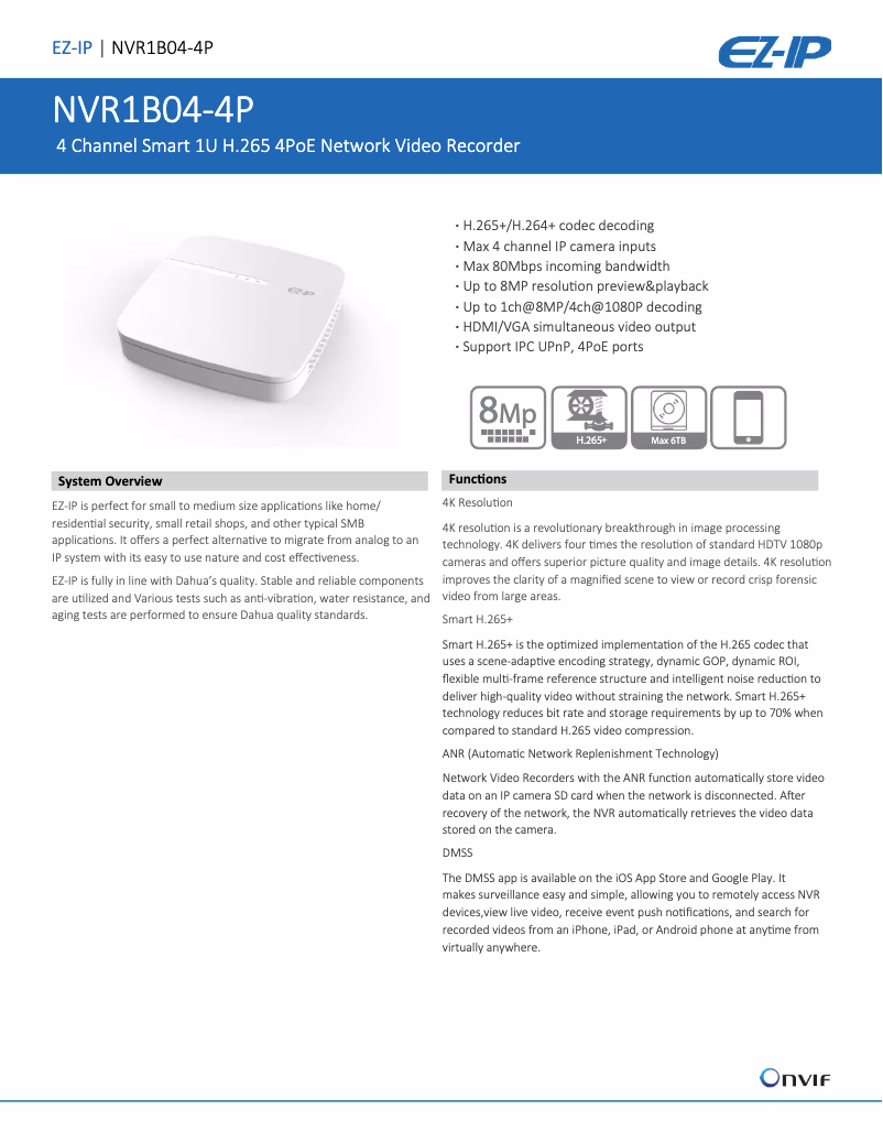 Page 1 de la notice Fiche technique Dahua Technology NVR1B04-4P