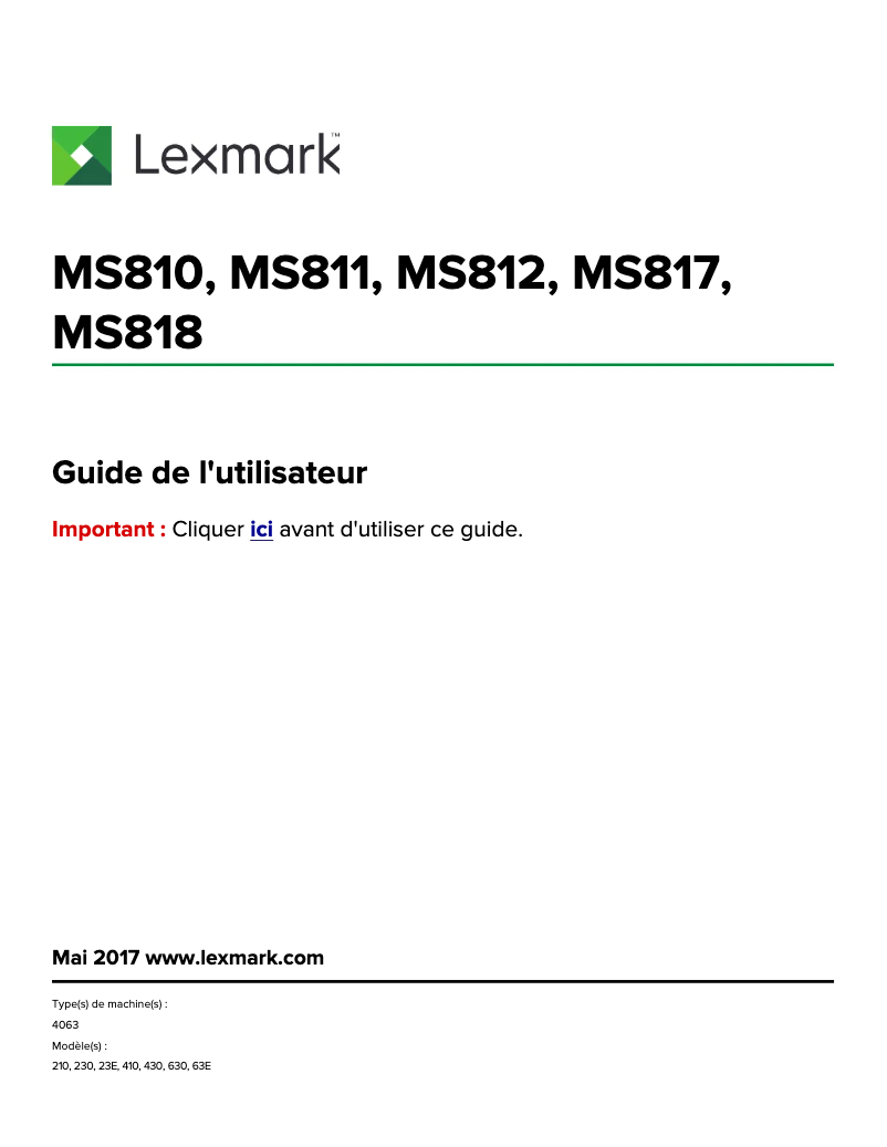 Page 1 de la notice Manuel utilisateur Lexmark MS811