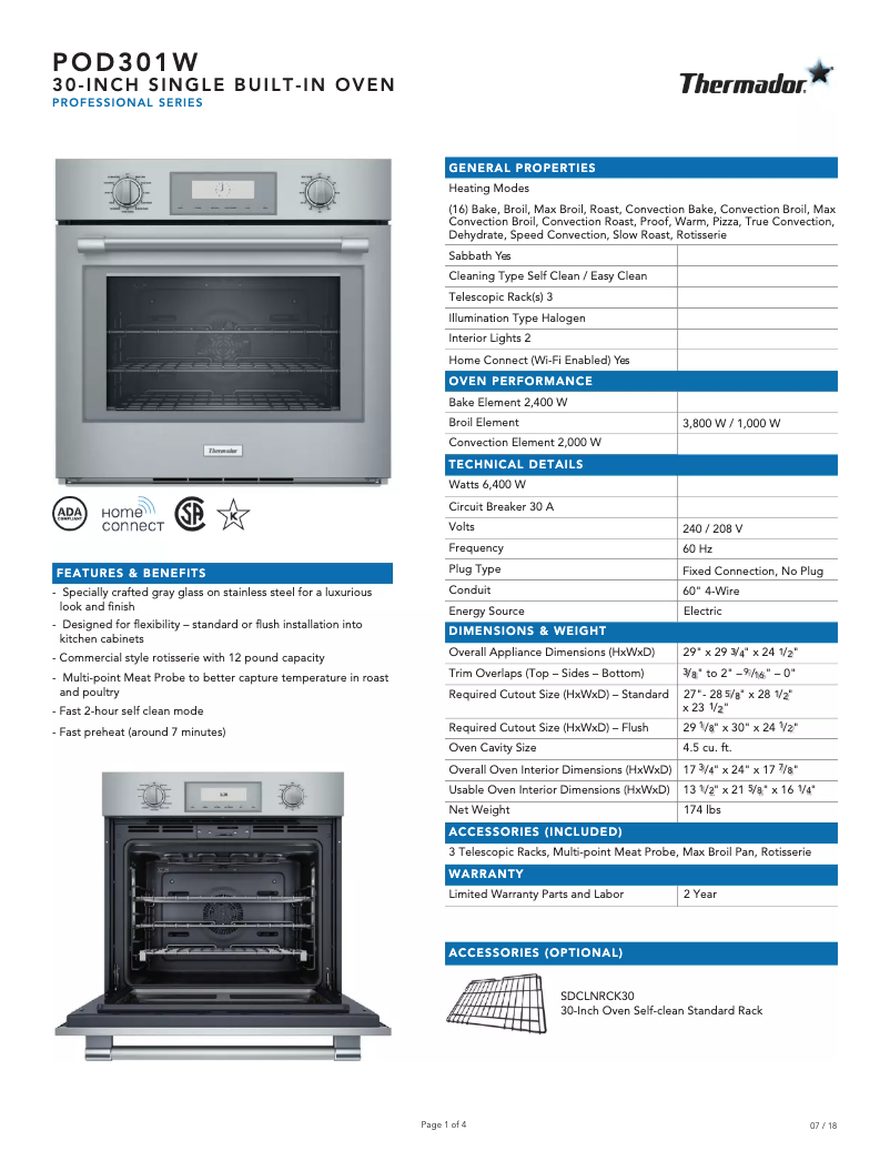 Page 1 de la notice Fiche technique Thermador PO301W