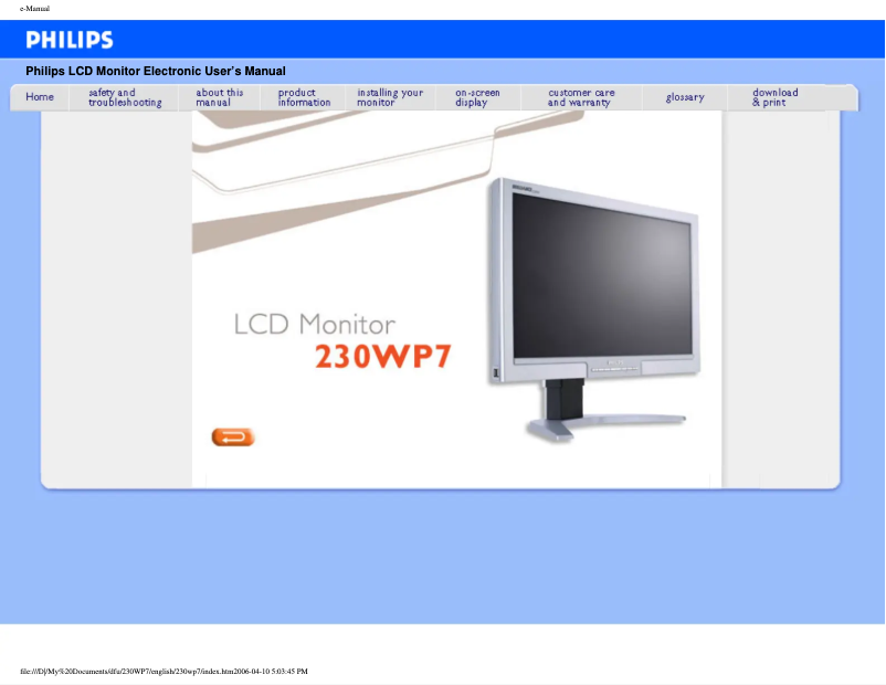 Page 1 de la notice Manuel utilisateur Philips Brilliance 230WP7NS