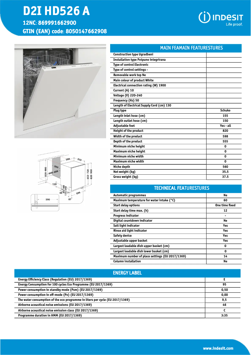 Page n°1 - Fiche technique Indesit D2I HD526 A