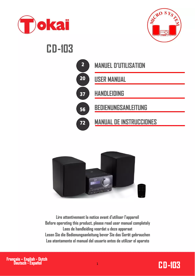 Page 1 de la notice Manuel utilisateur Tokaï CD-103