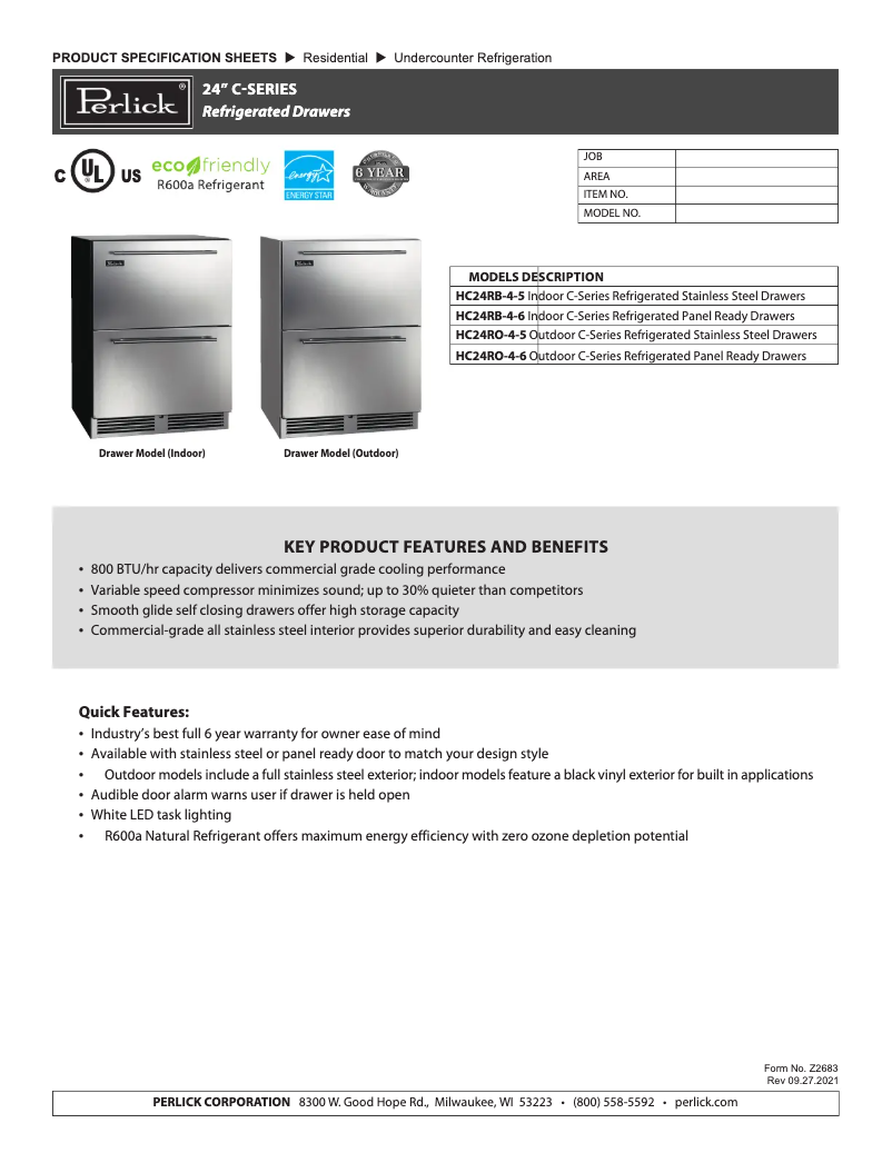 Página 1 del manual Ficha técnica Perlick HC24RB-4-6