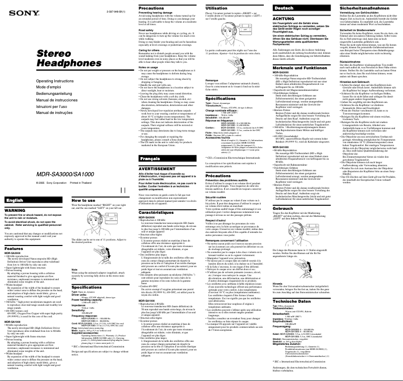 Page n°1 - Manuel utilisateur Sony MDR-SA1000