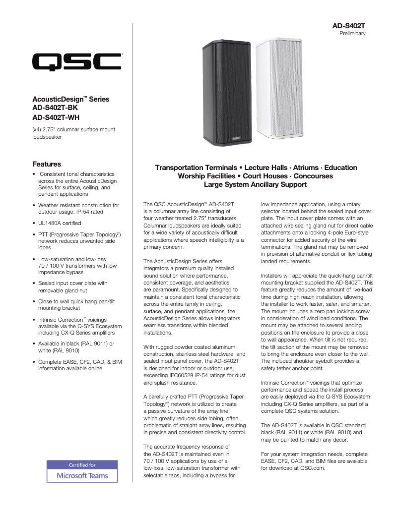 Página 1 del manual Ficha técnica QSC AD-S402T