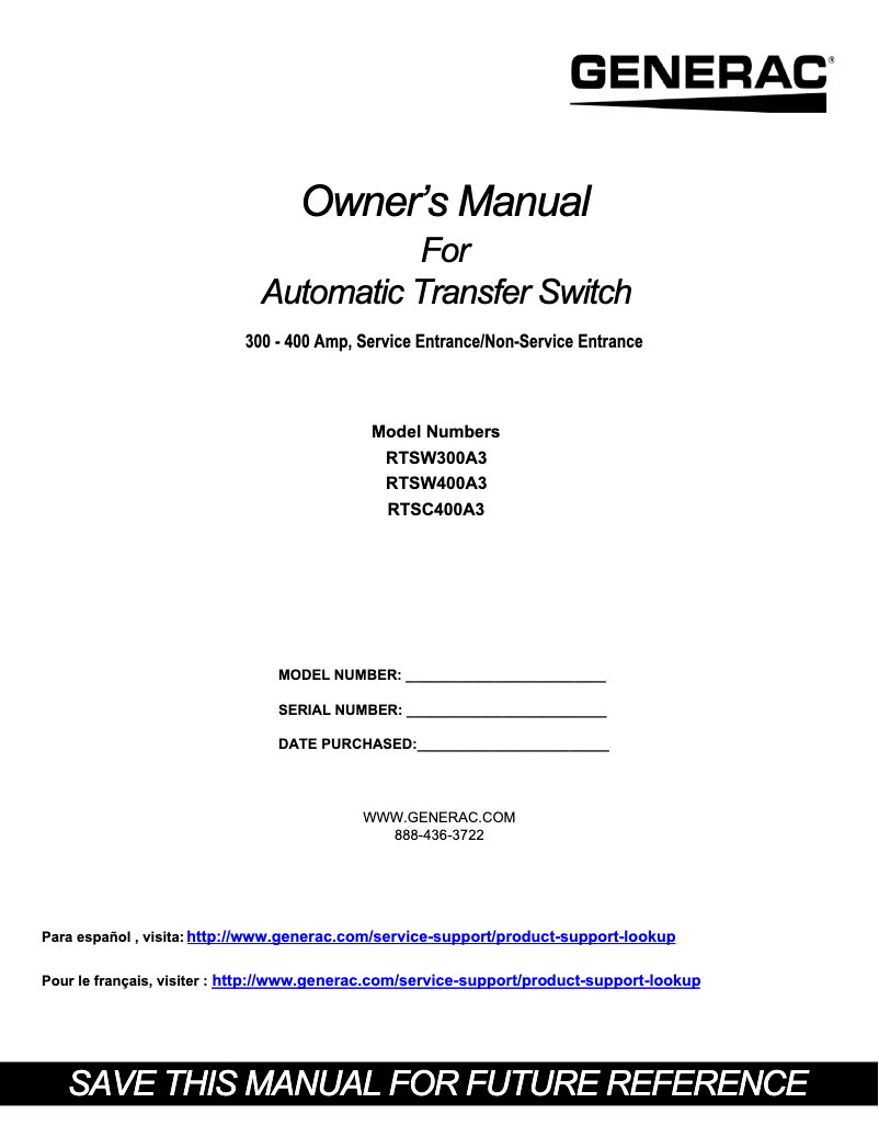 Page n°1 - Manuel utilisateur Generac RTSW300A3