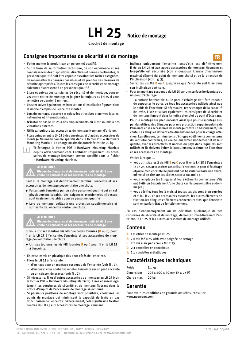 Page 1 de la notice Guide de démarrage rapide Neumann LH 25
