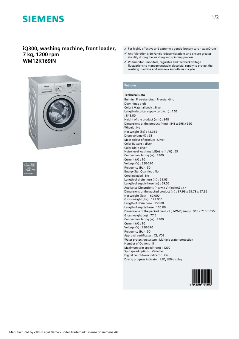Page n°1 - Fiche technique Siemens WM12K169IN