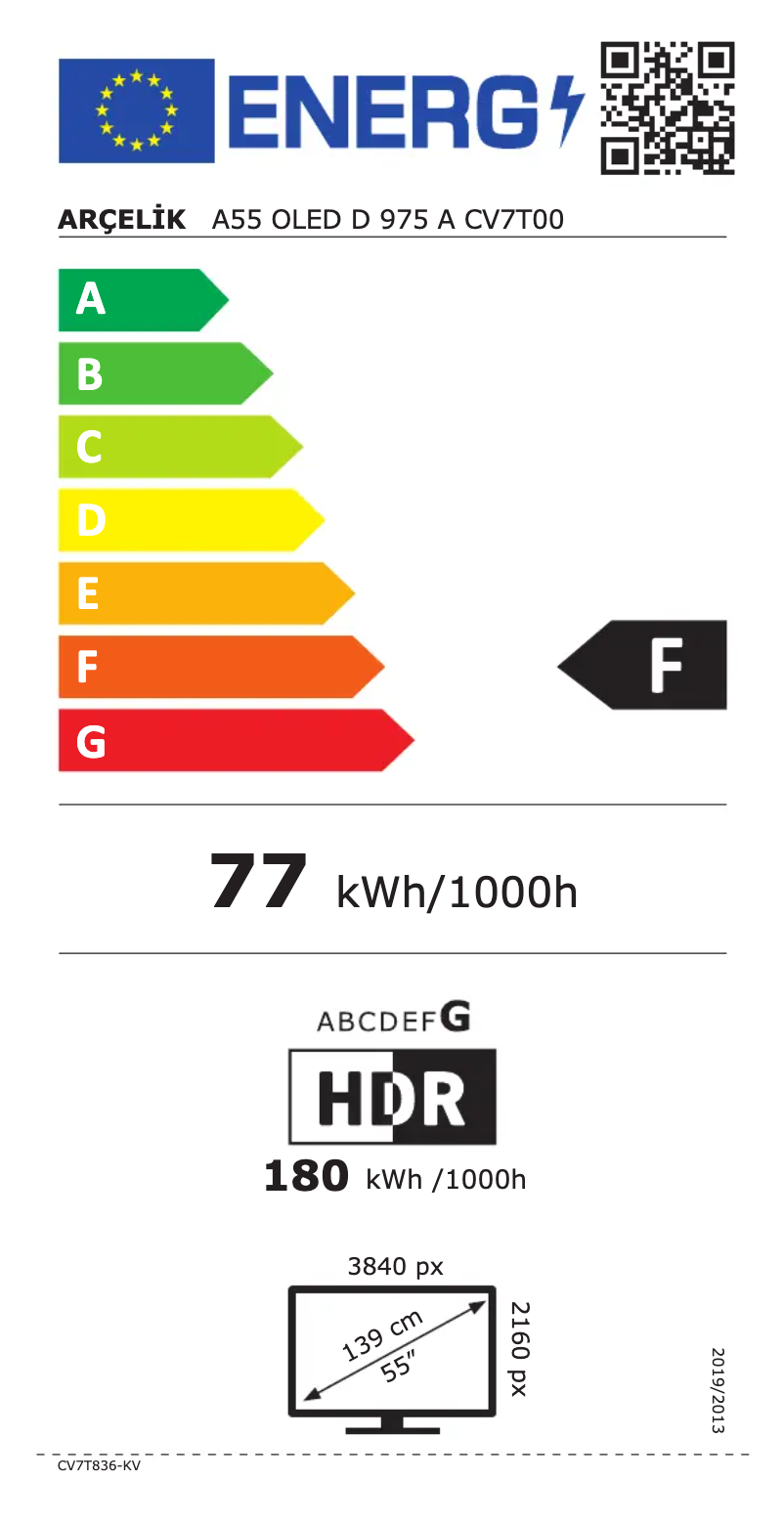 Page n°1 - Label énergétique Arçelik A55 OLED D 975 A