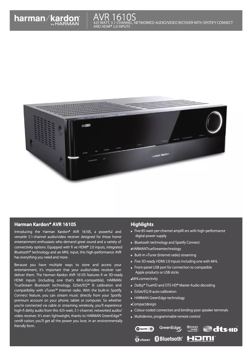 Page 1 de la notice Fiche technique Harman Kardon AVR 1610S