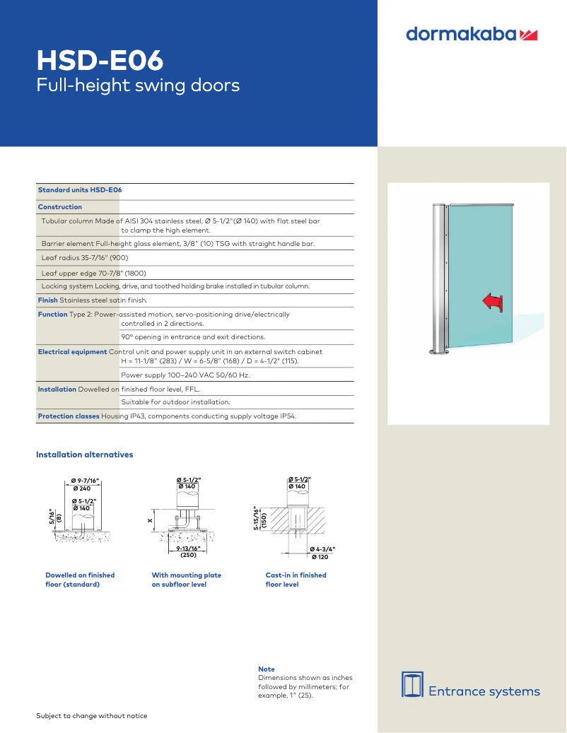 Page 1 de la notice Manuel utilisateur Dormakaba HSD-E06