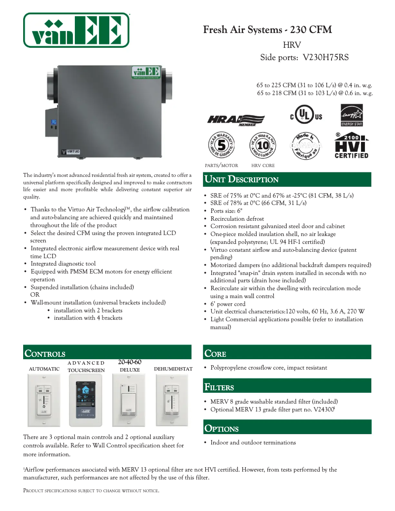 Page 1 de la notice Fiche technique vänEE V230H75RS