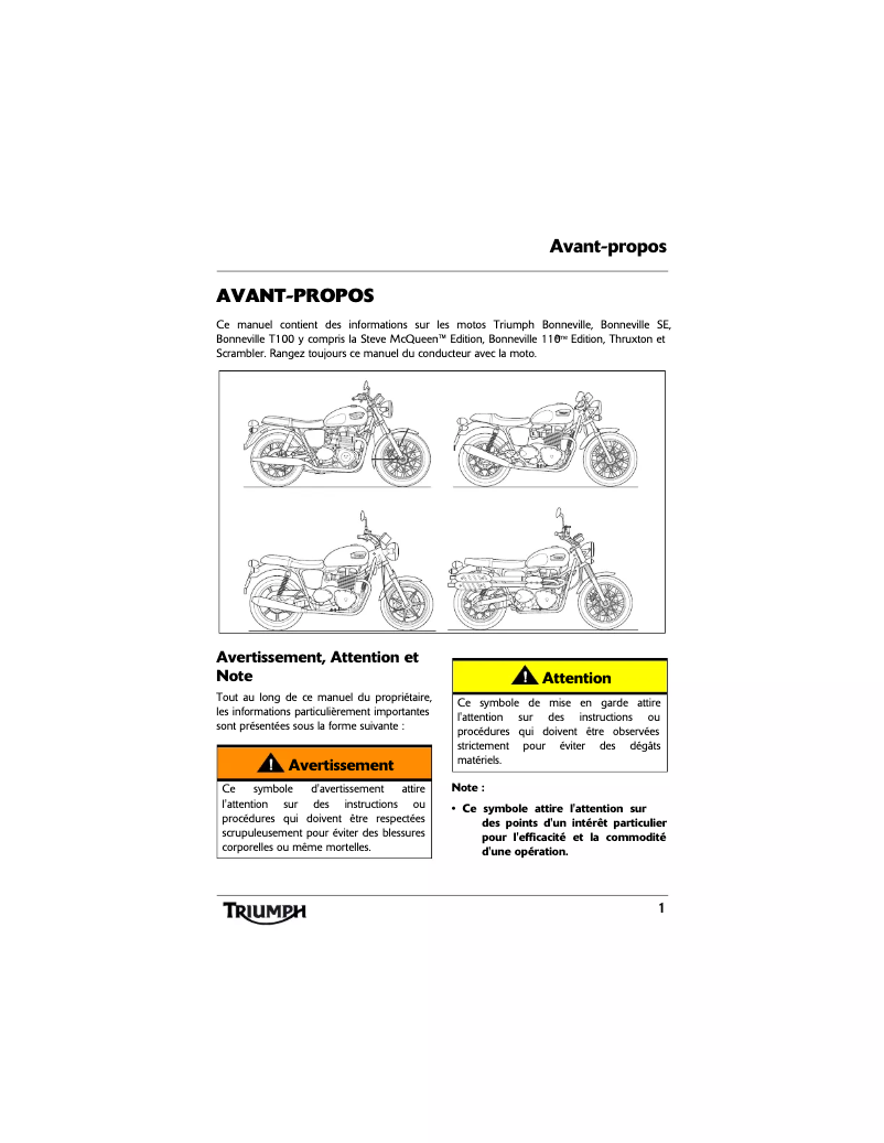 Page n°1 - Manuel utilisateur Triumph Bonneville T100 110th Anniversary Limited Edition (2012)