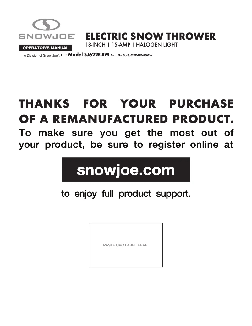 Page n°1 - Manuel utilisateur Snow Joe SJ622E-RM
