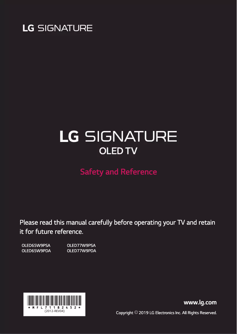 Page 1 de la notice Manuel utilisateur LG OLED65W9PSA