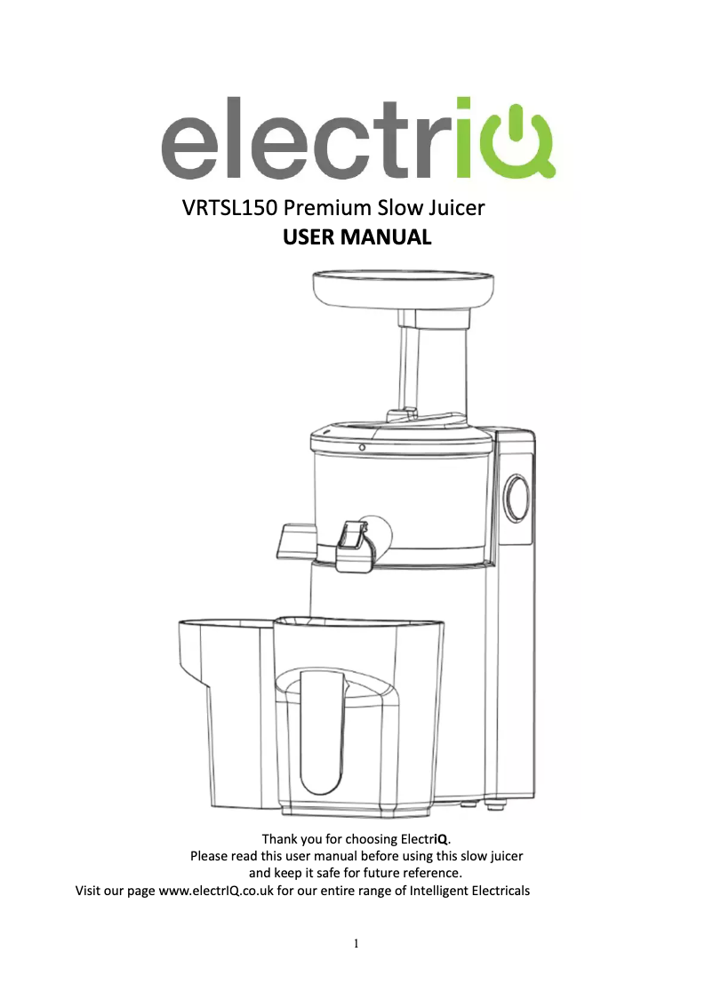 Page n°1 - Manuel utilisateur ElectriQ VRTSL150