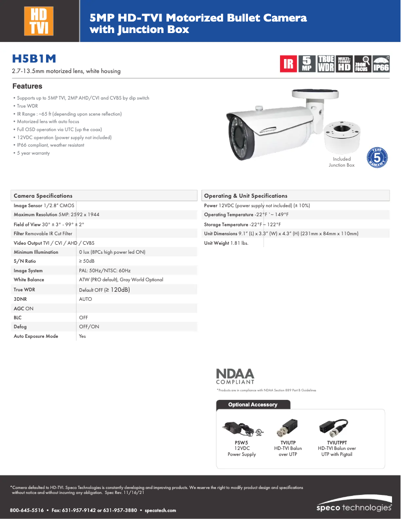 Página 1 del manual Ficha técnica Speco Technologies H5B1M