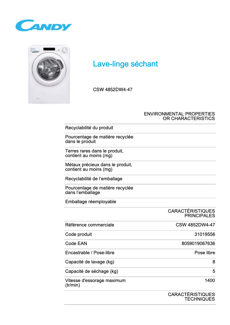 Page 1 de la notice Fiche technique Candy CSW 4852DW4-47