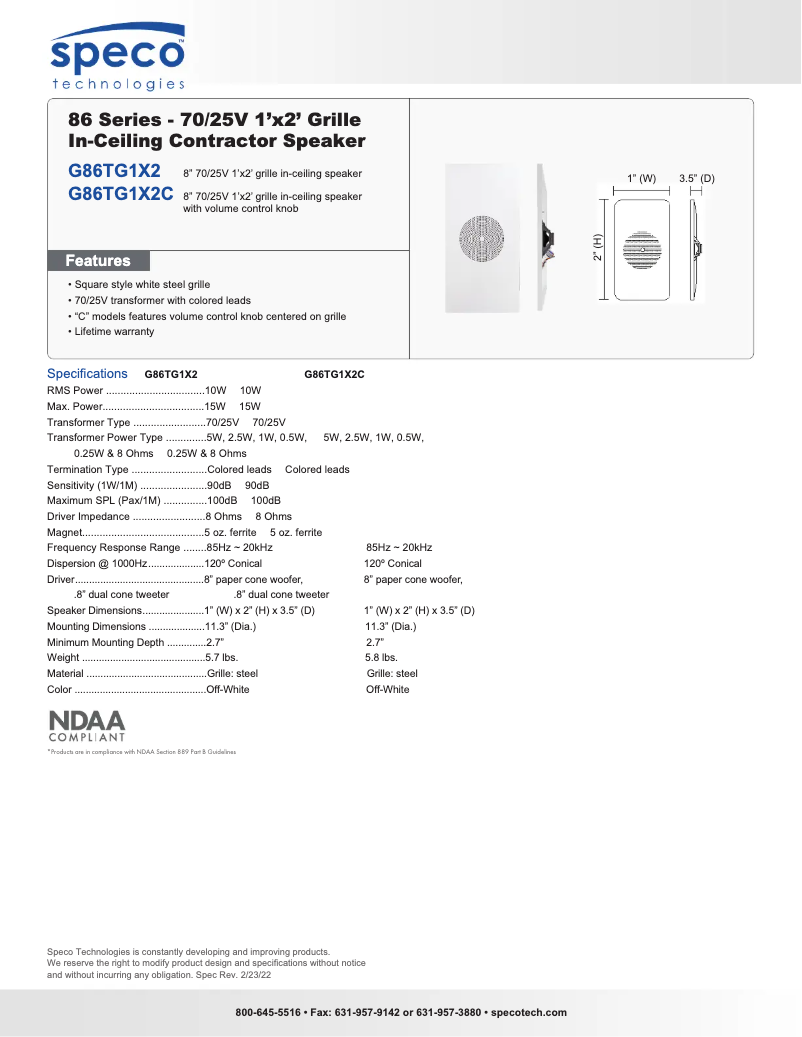 Página 1 del manual Ficha técnica Speco Technologies G86TG1X2