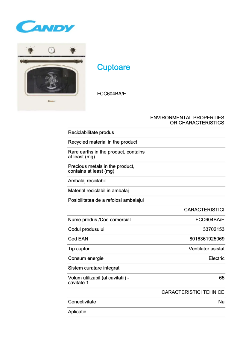 Page 1 de la notice Fiche technique Candy FCC604BA/E