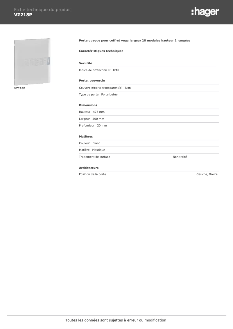 Page n°1 - Fiche technique Hager VZ218P