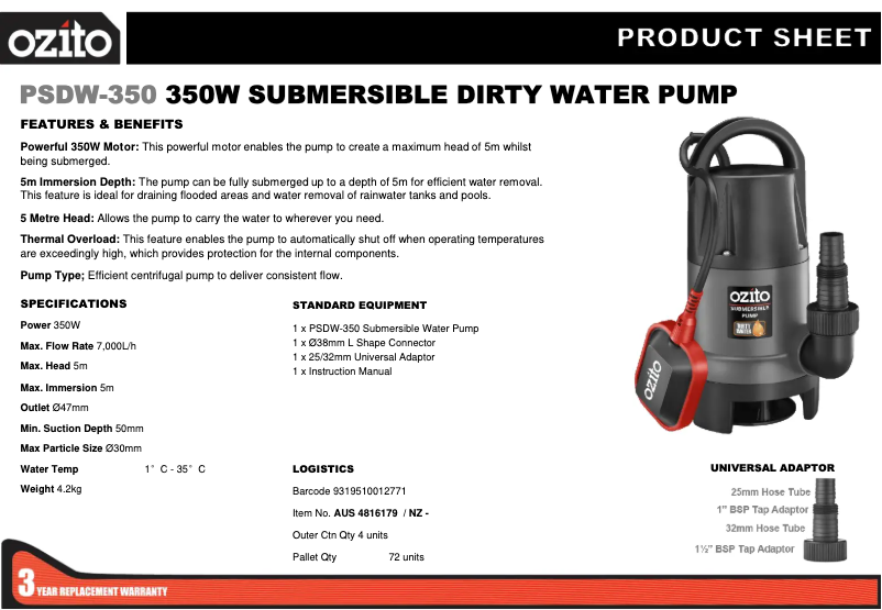 Página 1 del manual Ficha técnica Ozito PSDW-350