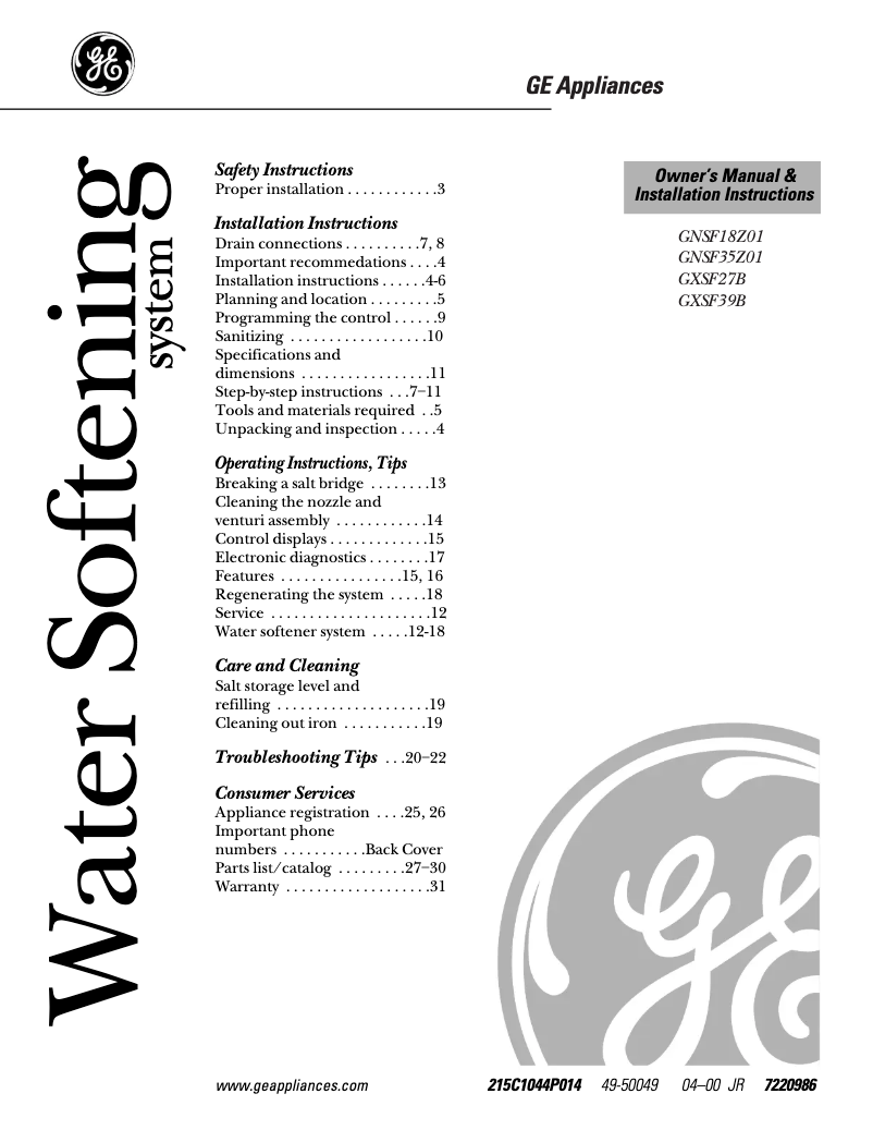 Page 1 of the manual User Manual GE GXSF39B