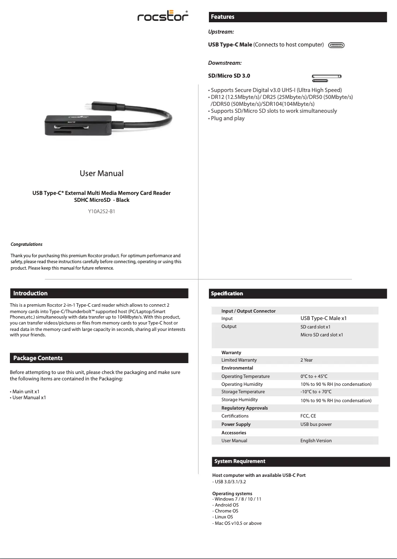 Page n°1 - Manuel utilisateur Rocstor Y10A252-B1