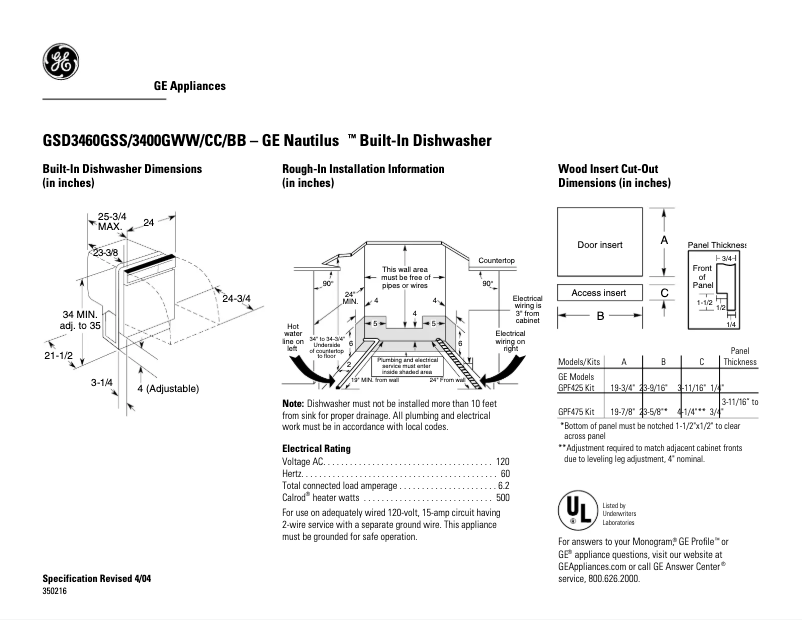 Página 1 del manual Ficha técnica GE GSD3400GBB